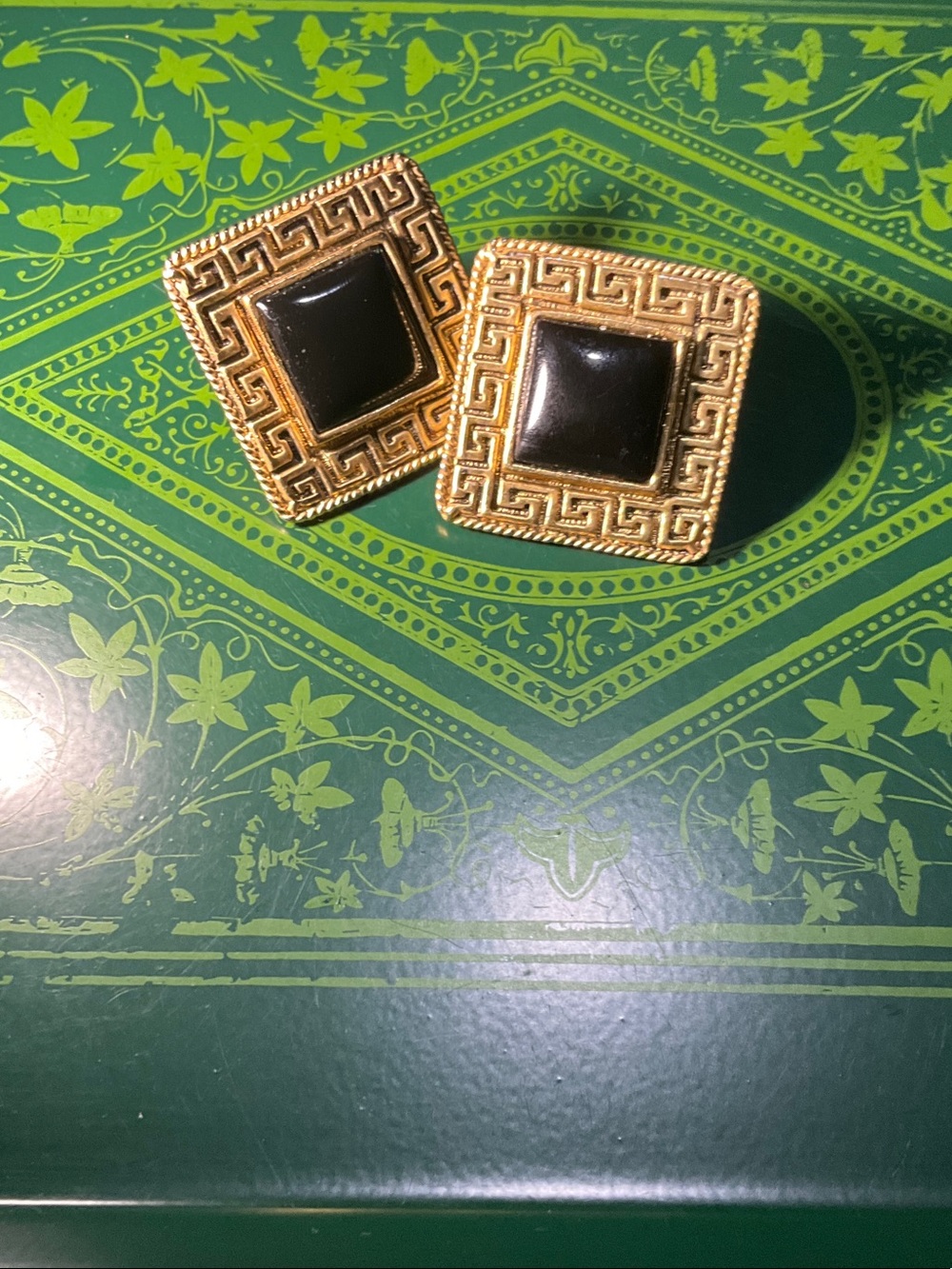 Gold-Tone Black Square Statement Earrings - Classic Greek Key Design